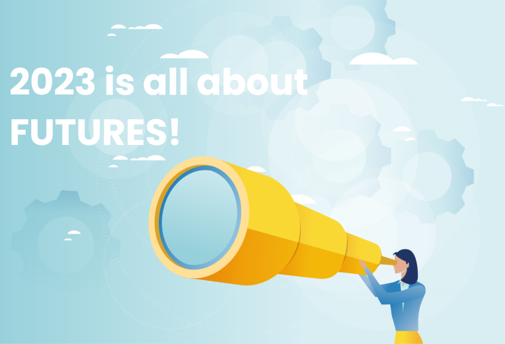 A woman looks through a large yellow telescope against a cloudy sky with gears, conveying a futuristic theme. Text reads "2023 is all about FUTURES!"