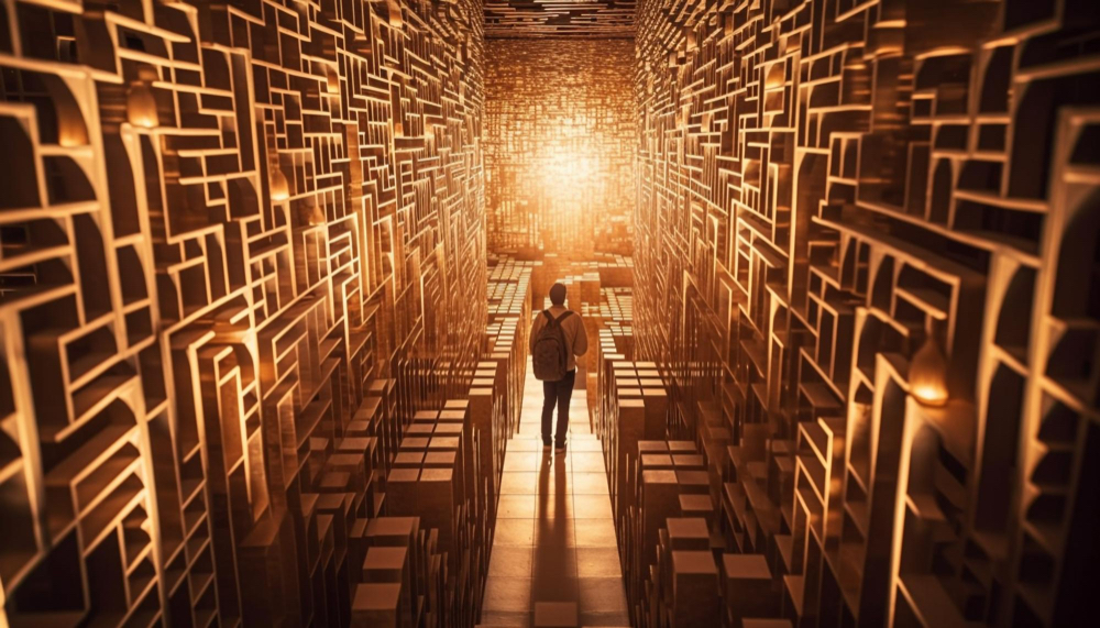 By vecstock via Freepik A person with a backpack walks through a glowing, labyrinthine corridor of golden geometric patterns.