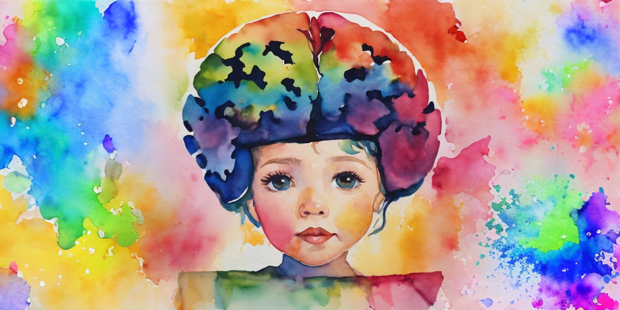 NewsletterMainImage (1) Watercolor portrait of a child with large eyes, surrounded by a vivid splash of colors.