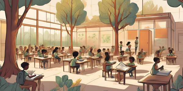 Illustration of a sunlit classroom with large windows, trees, and students at desks.