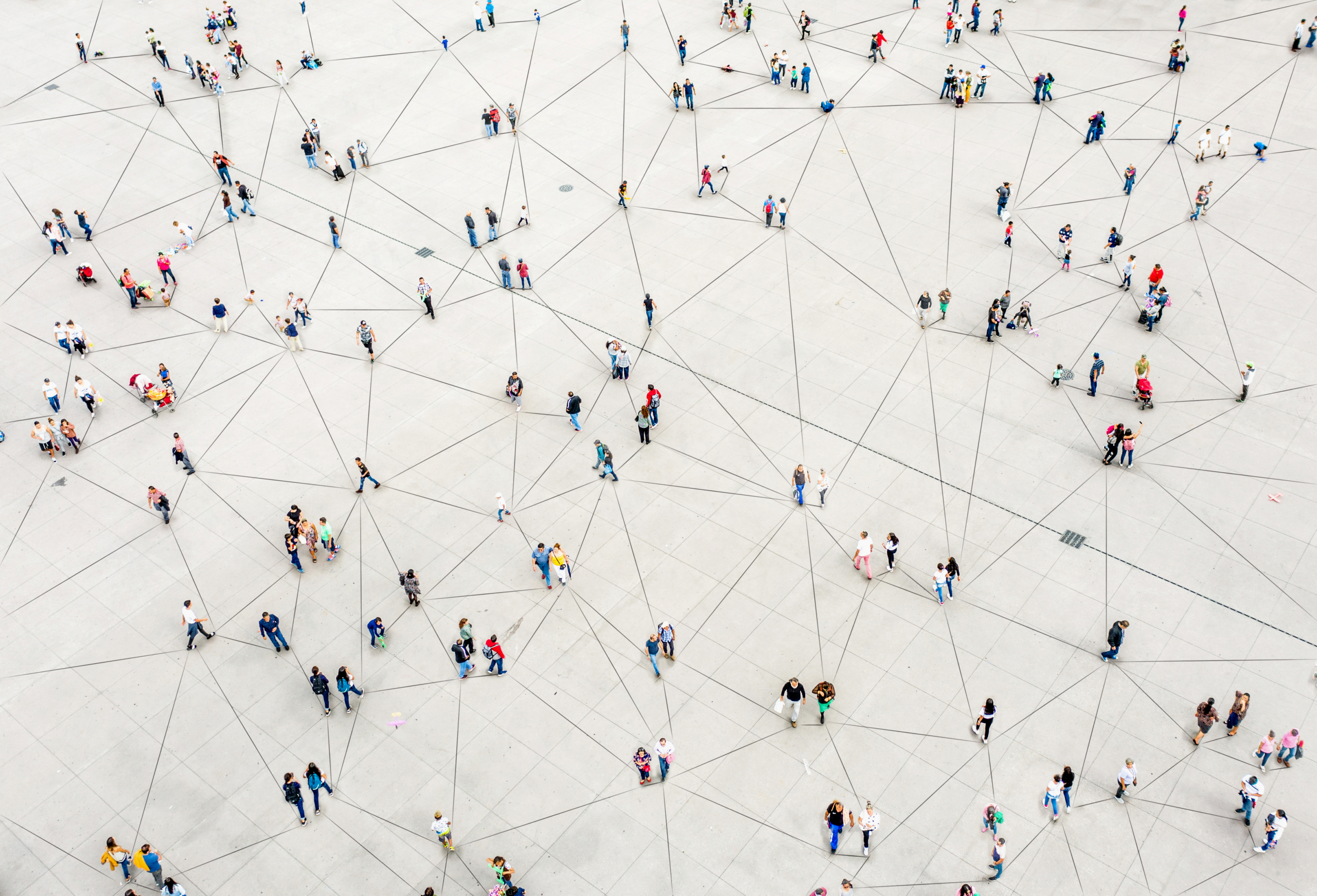Aerial view of crowd connected by lines Aerial view of crowd connected by lines