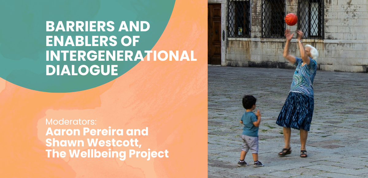 An elderly woman in a colorful outfit plays catch with a young boy in a stone courtyard. Text on the left reads: "Barriers and Enablers of Intergenerational Dialogue.