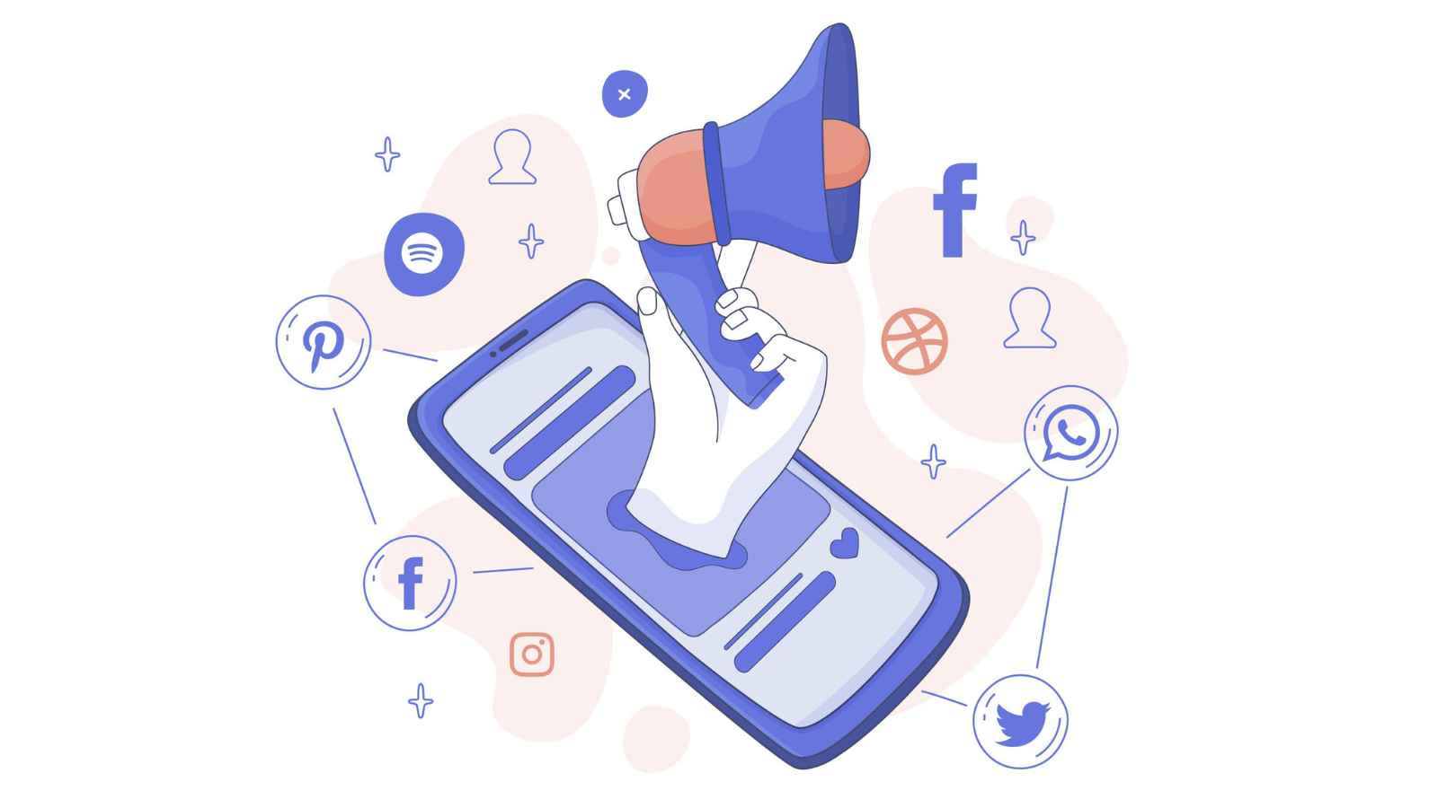 Illustration of a hand holding a megaphone emerging from a smartphone, surrounded by social media icons, conveying digital communication and outreach.
