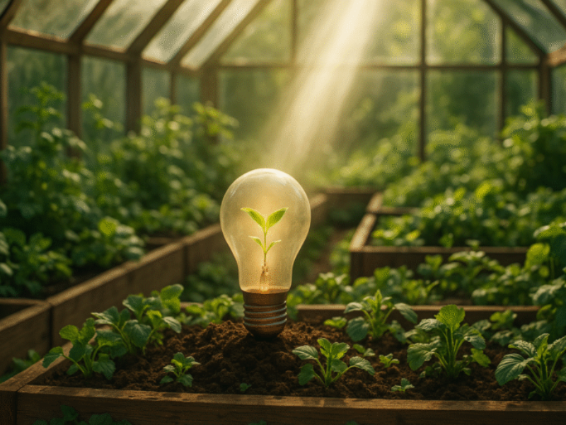 Light bulb in the middle of a green garden house.