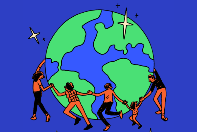 Illustration of diverse people holding hands around the Earth, symbolizing unity and global cooperation.